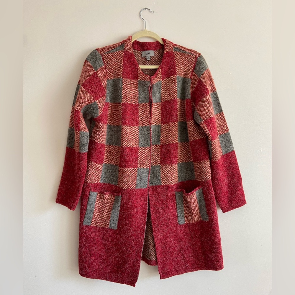 Yaira Soft Red Grey Knit Checkered Color Block Cardigan Sweater (L)